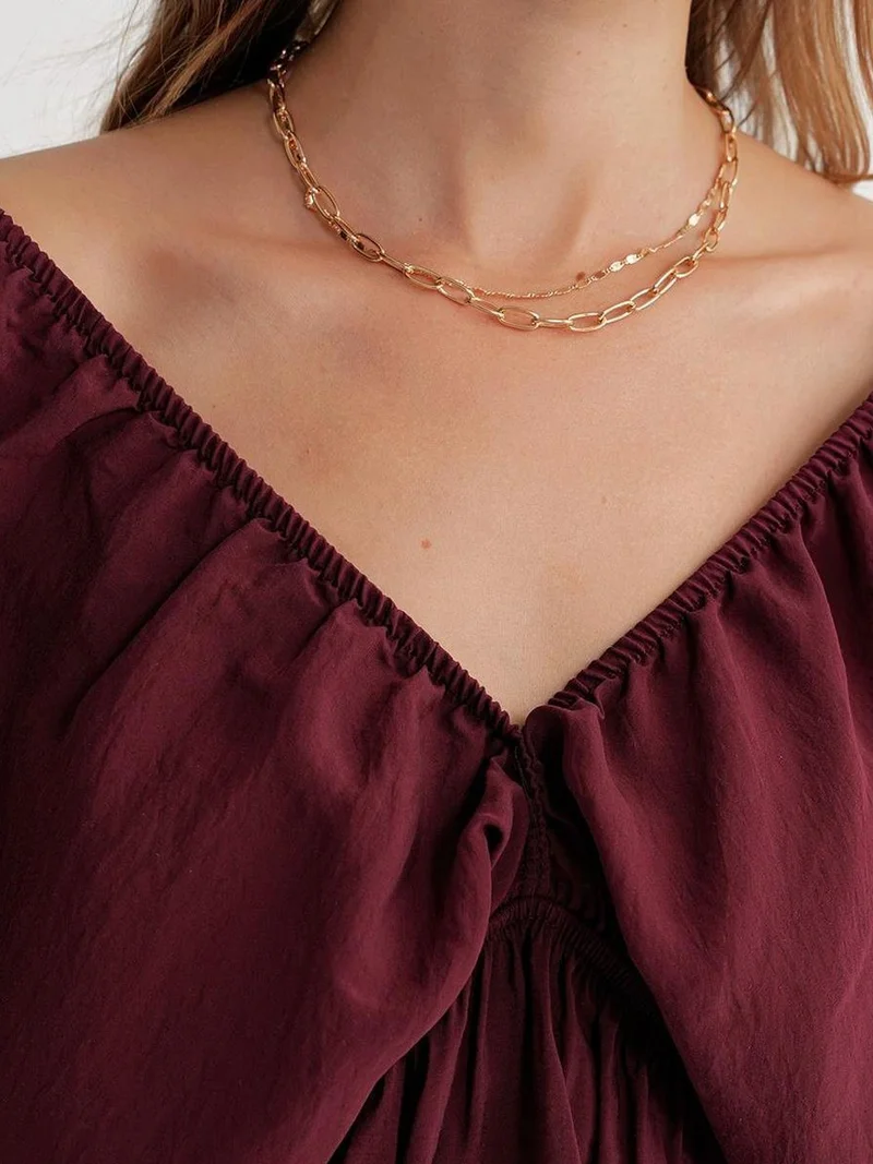 MixRay Burgundy Red Mixray V-Neck Blouse with Ruffle Detail for Women | Best Price UAE