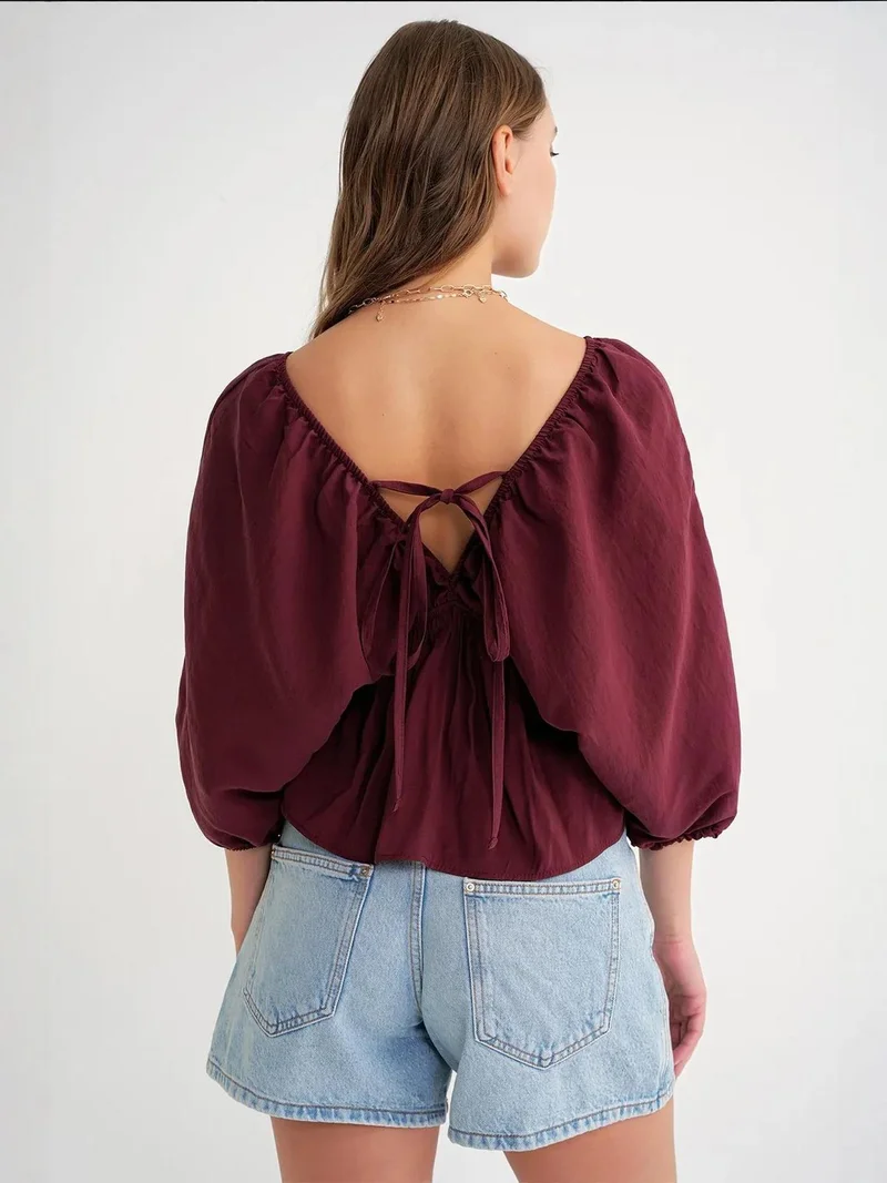 MixRay Burgundy Red Mixray V-Neck Blouse with Ruffle Detail for Women | Best Price UAE