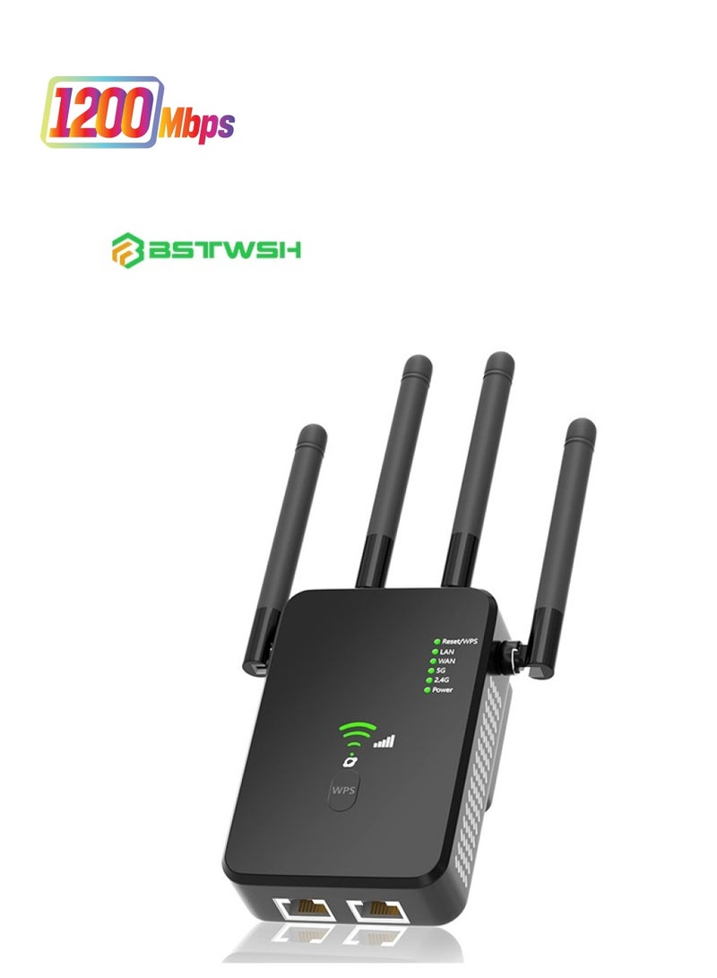 BSTWSH WiFi Booster, WiFi Extender, Cover up to 12880 sq.ft & 100 Devices, 1200Mbps Wall-Through Strong WiFi Booster, Dual Band 2.4G and 5G, with Ethernet Port & AP Mode, 4 Antennas 360° Full Coverage, Black - Image 1