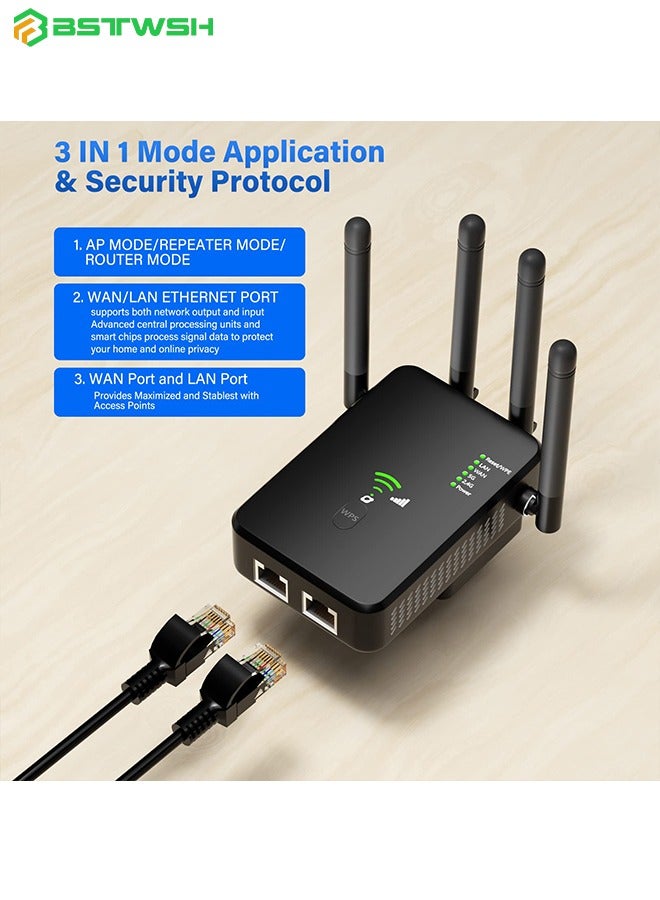 BSTWSH WiFi Booster, WiFi Extender, Cover up to 12880 sq.ft & 100 Devices, 1200Mbps Wall-Through Strong WiFi Booster, Dual Band 2.4G and 5G, with Ethernet Port & AP Mode, 4 Antennas 360° Full Coverage, Black - Image 3