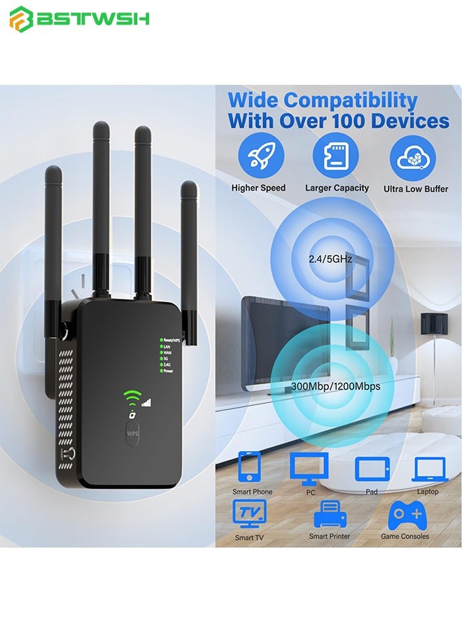 BSTWSH WiFi Booster, WiFi Extender, Cover up to 12880 sq.ft & 100 Devices, 1200Mbps Wall-Through Strong WiFi Booster, Dual Band 2.4G and 5G, with Ethernet Port & AP Mode, 4 Antennas 360° Full Coverage, Black - Image 4