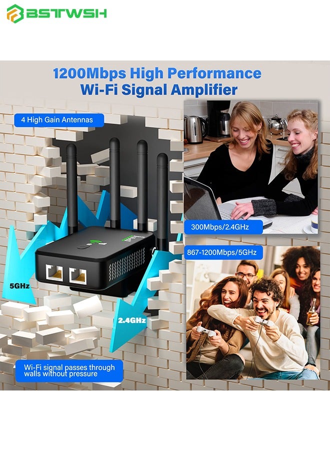 BSTWSH WiFi Booster, WiFi Extender, Cover up to 12880 sq.ft & 100 Devices, 1200Mbps Wall-Through Strong WiFi Booster, Dual Band 2.4G and 5G, with Ethernet Port & AP Mode, 4 Antennas 360° Full Coverage, Black - Image 5