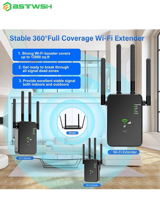 BSTWSH WiFi Booster, WiFi Extender, Cover up to 12880 sq.ft & 100 Devices, 1200Mbps Wall-Through Strong WiFi Booster, Dual Band 2.4G and 5G, with Ethernet Port & AP Mode, 4 Antennas 360° Full Coverage, Black - Image 2