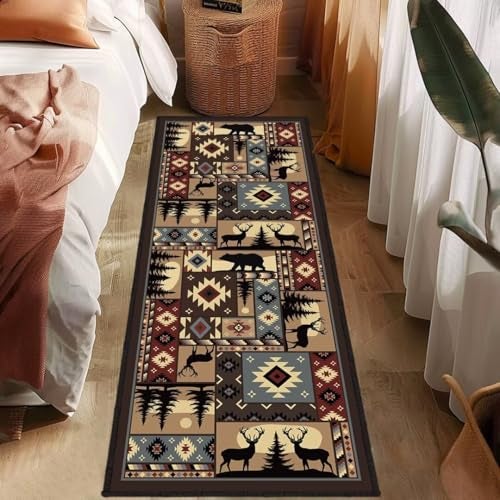 KENADVI Rustic Cabin Wildlife Long Runner Rug 2x6 Throw RugBuffalo Plaid Bear Moose Deer CountryVintage Area Rug Washable Hallway Rugs NonSlip Floor Carpet Runner for Bedroom Laundry Room Entrance Door Mat - Image 3