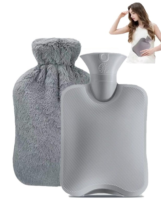 أبترين 1000ML Hot Water Bottle with Soft Cover Leakproof Hot Water Bag Long Plush Warm Hand Pouch Reusable Hot Water Pouch for Women and Girl Portable Hot Water Bag for Office Home Bed - Grey - Image 1