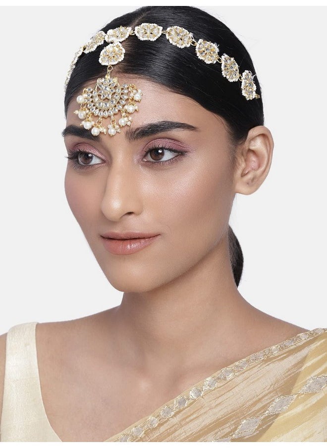 I Jewels I Jewels Gold Plated Traditional Floral Kundan Pearl Studded Rajasthani Sheeshphool/SheeshPatti for Women (T2066W)  - Image 3
