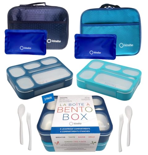 Kinsho Bento-Box insulated Lunch Bag and Ice Pack Set. Lunch Boxes Snack Containers Kids Boys Girls Adults. 6 Compartments, Leakproof Portion Boxes Insulated Bags for School Lunches, BPA Free (Blue + Navy) - Image 1