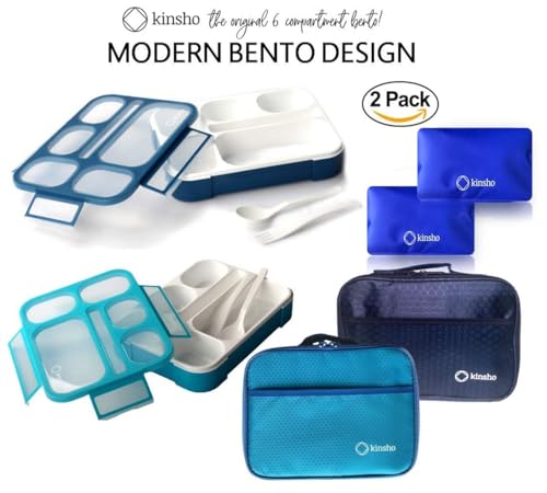 Kinsho Bento-Box insulated Lunch Bag and Ice Pack Set. Lunch Boxes Snack Containers Kids Boys Girls Adults. 6 Compartments, Leakproof Portion Boxes Insulated Bags for School Lunches, BPA Free (Blue + Navy) - Image 2