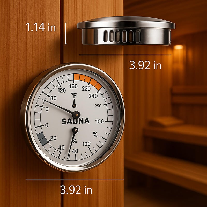 suvast Mechanical Sauna Thermometer Hygrometer, Stainless Steel & Fog-Resistant Glass, 2-in-1 Temperature (70â€“250Â°F) and Humidity (0â€“100%) Gauge - Image 2