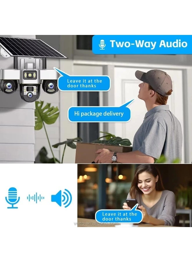 في 380 كاميرا مراقبة V380 Max 4G الرقمية ثلاثية العدسات، شاشة ثلاثية، دقة 6 ميجابكسل، تعمل بالطاقة الشمسية والبطارية، مزودة بتقريب رقمي ثلاثي، وإمكانية تحريك الكاميرا بزاوية 355 درجة وإمالة 90 درجة، ومقاومة للماء بمعيار IP66، ورؤية ليلية ملونة بدقة 4K. كاميرا مراقبة V380 تعمل بالطاقة الشمسية وشبكة 4G، تتميز بنطاق حركة 355 درجة أفقيًا و90 درجة رأسيًا، ومقاومة للماء بمعيار IP66، ورؤية ليلية ملونة بدقة 4K. - Image 5