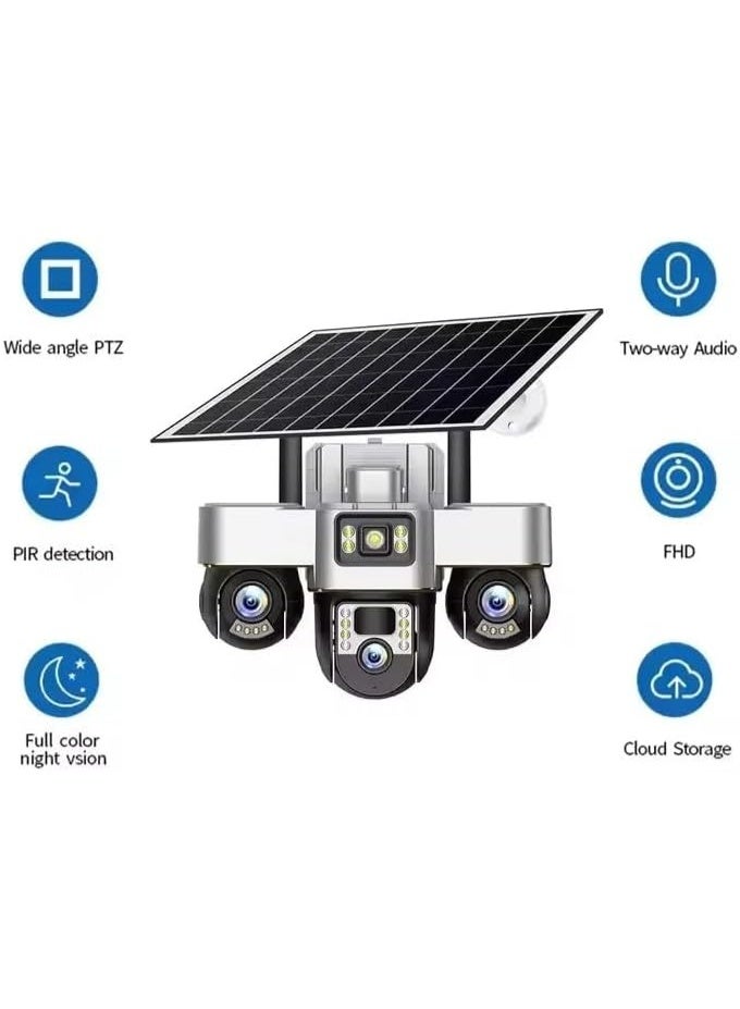 في 380 كاميرا مراقبة V380 Max 4G الرقمية ثلاثية العدسات، شاشة ثلاثية، دقة 6 ميجابكسل، تعمل بالطاقة الشمسية والبطارية، مزودة بتقريب رقمي ثلاثي، وإمكانية تحريك الكاميرا بزاوية 355 درجة وإمالة 90 درجة، ومقاومة للماء بمعيار IP66، ورؤية ليلية ملونة بدقة 4K. كاميرا مراقبة V380 تعمل بالطاقة الشمسية وشبكة 4G، تتميز بنطاق حركة 355 درجة أفقيًا و90 درجة رأسيًا، ومقاومة للماء بمعيار IP66، ورؤية ليلية ملونة بدقة 4K. - Image 2