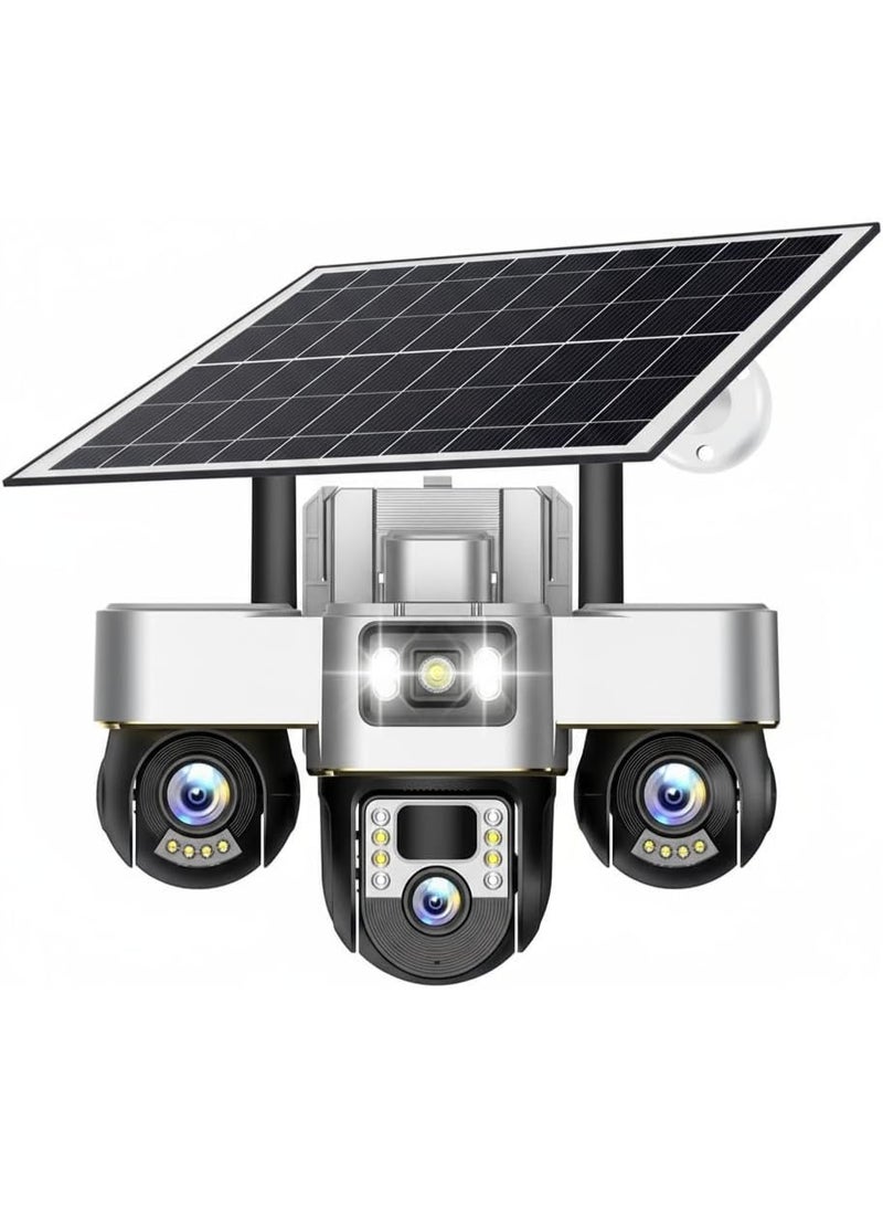 في 380 كاميرا مراقبة V380 Max 4G الرقمية ثلاثية العدسات، شاشة ثلاثية، دقة 6 ميجابكسل، تعمل بالطاقة الشمسية والبطارية، مزودة بتقريب رقمي ثلاثي، وإمكانية تحريك الكاميرا بزاوية 355 درجة وإمالة 90 درجة، ومقاومة للماء بمعيار IP66، ورؤية ليلية ملونة بدقة 4K. كاميرا مراقبة V380 تعمل بالطاقة الشمسية وشبكة 4G، تتميز بنطاق حركة 355 درجة أفقيًا و90 درجة رأسيًا، ومقاومة للماء بمعيار IP66، ورؤية ليلية ملونة بدقة 4K. - Image 1