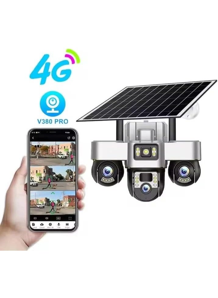 في 380 كاميرا مراقبة V380 Max 4G الرقمية ثلاثية العدسات، شاشة ثلاثية، دقة 6 ميجابكسل، تعمل بالطاقة الشمسية والبطارية، مزودة بتقريب رقمي ثلاثي، وإمكانية تحريك الكاميرا بزاوية 355 درجة وإمالة 90 درجة، ومقاومة للماء بمعيار IP66، ورؤية ليلية ملونة بدقة 4K. كاميرا مراقبة V380 تعمل بالطاقة الشمسية وشبكة 4G، تتميز بنطاق حركة 355 درجة أفقيًا و90 درجة رأسيًا، ومقاومة للماء بمعيار IP66، ورؤية ليلية ملونة بدقة 4K. - Image 3