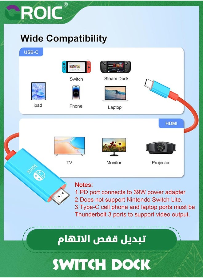 GROIC - Switch Dock Cable for Nintendo Switch & OLED, USB C to HDMI Adapter Cable for Nintendo Switch Dock, Type-C to HDMI Conversion Cable for TV Projection Screen - Image 1