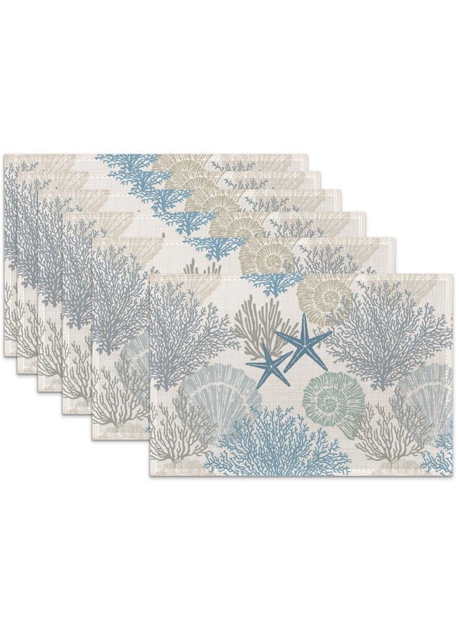 Snowmolle Coastal Beach Placemats Set of 6,Shell Starfish Coral Heat Resistant Table Mats Washable Place Mats for Party Kitchen Farmhouse Home Dining Holiday Decor 12x18 Inch - Image 1