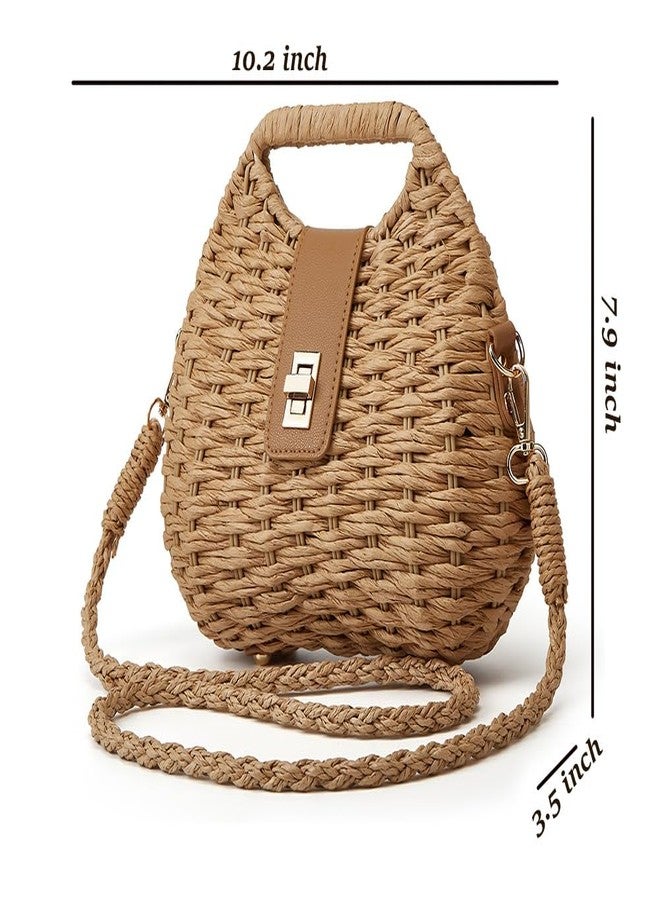 حقائب شاطئية من القش للنساء، حقيبة على شكل زلابية، حقائب من الخيزران، حقائب يد صيفية من القش، حقيبة كتف منسوجة، حقيبة سفر، بيج - Image 4