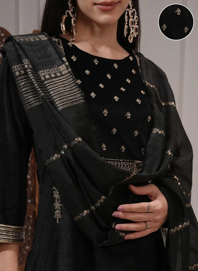 Vishudh Black Embroidered Kurta Set with Dupatta by Styli