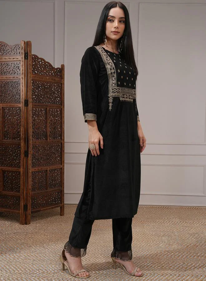 Vishudh Black Embroidered Kurta Set with Dupatta by Styli