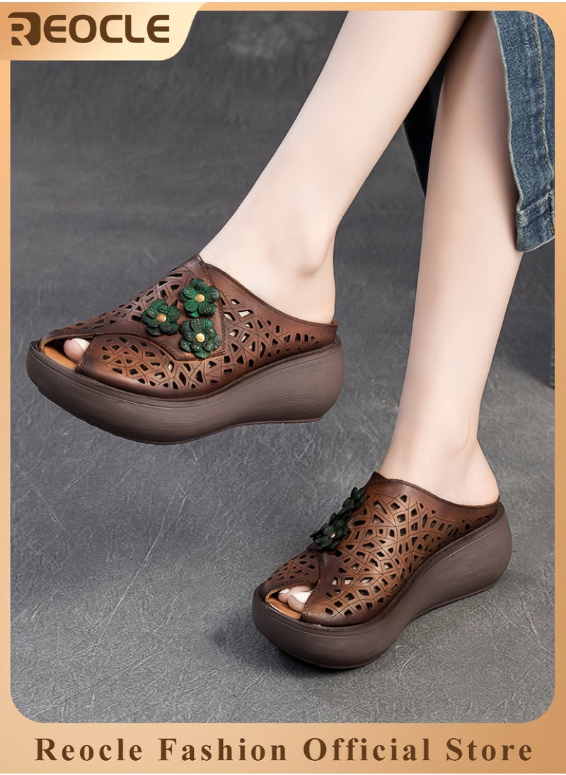 REOCLE Women's Platform Sandals  Wedge Heel Elegant Open-toe Sandal Made of Soft High-quality Leather Fish Mouth Beach Travel Shoes for Women with Green Flowers Decoration  - Image 1
