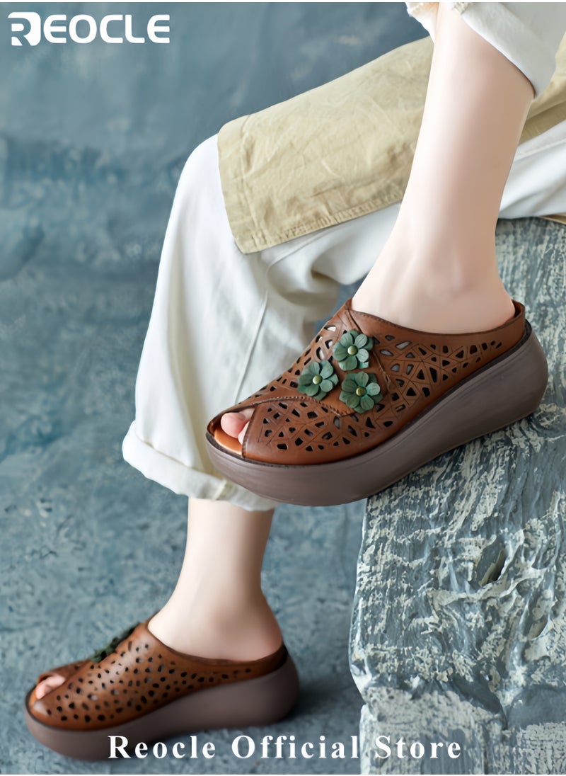 REOCLE Women's Platform Sandals  Wedge Heel Elegant Open-toe Sandal Made of Soft High-quality Leather Fish Mouth Beach Travel Shoes for Women with Green Flowers Decoration  - Image 2