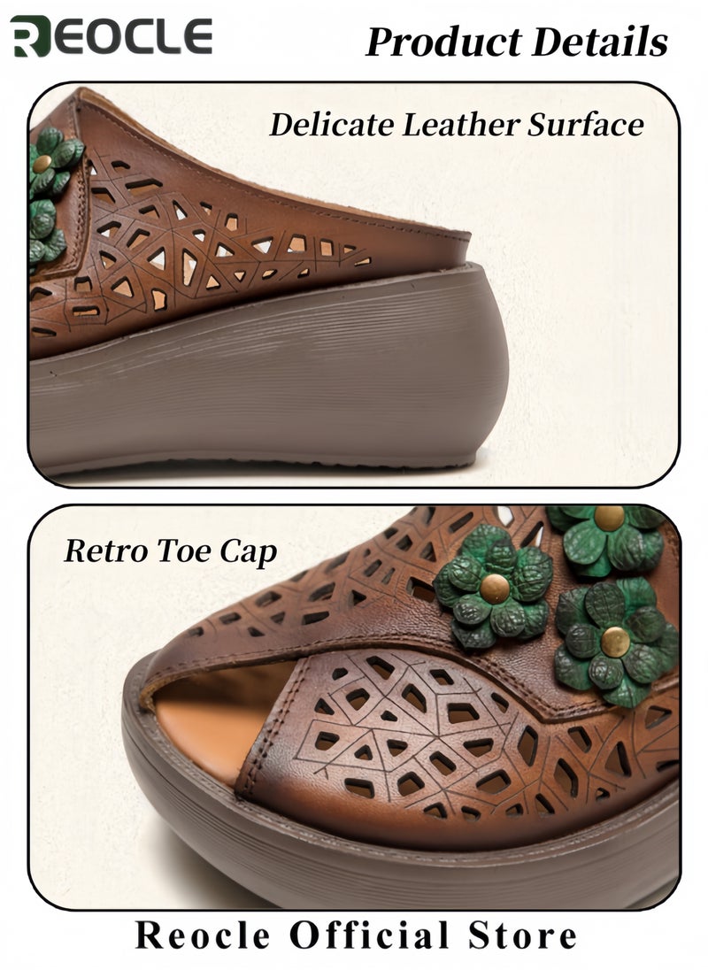 REOCLE Women's Platform Sandals  Wedge Heel Elegant Open-toe Sandal Made of Soft High-quality Leather Fish Mouth Beach Travel Shoes for Women with Green Flowers Decoration  - Image 4
