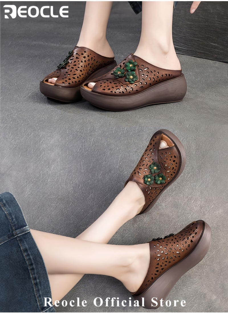 REOCLE Women's Platform Sandals  Wedge Heel Elegant Open-toe Sandal Made of Soft High-quality Leather Fish Mouth Beach Travel Shoes for Women with Green Flowers Decoration  - Image 3