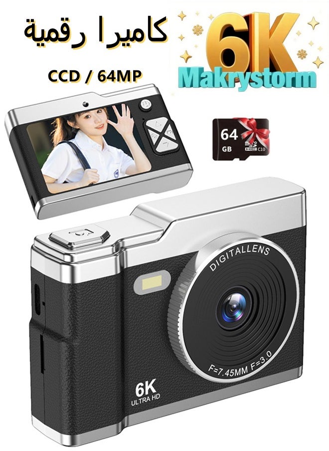Makrystorm 6K Digital Camera  64MP CCD Portable Digital Camera Campus Retro Portable Travel Campus Beginner Student,with 64GB card 