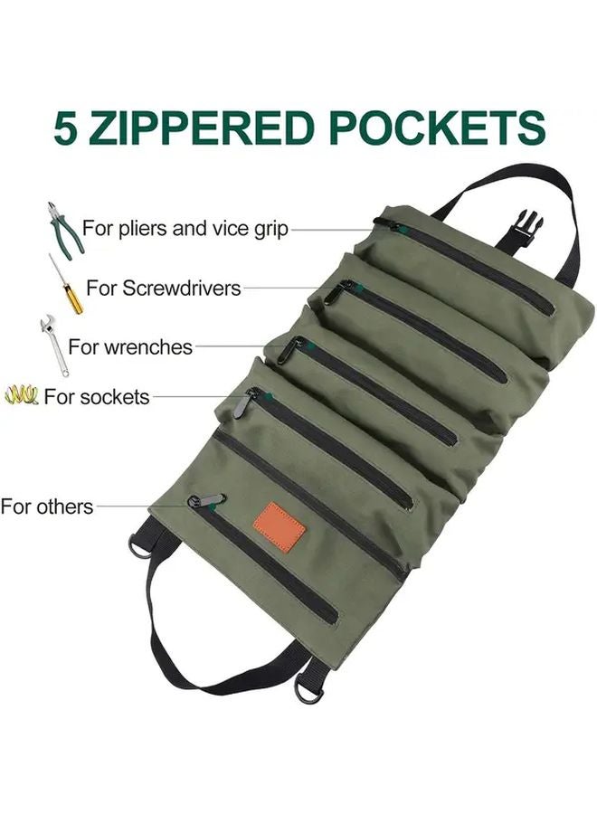 Green Canvas Tool Organizer Bag Roll Up Case with Zippered Closure for Car Camping Outdoor - Image 4