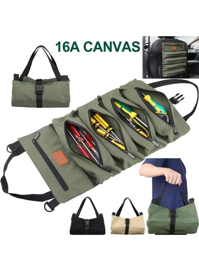 Green Canvas Tool Organizer Bag Roll Up Case with Zippered Closure for Car Camping Outdoor - Image 2