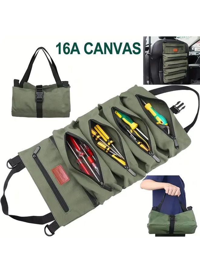 Green Canvas Tool Organizer Bag Roll Up Case with Zippered Closure for Car Camping Outdoor - Image 1