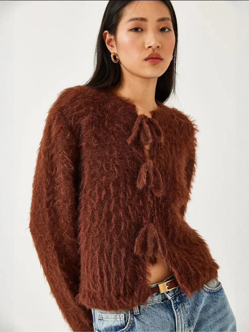Bianco Lucci Coffee Brown LUCCI Frilly Cropped Ribbed Knit Cardigan with Tie Closure for Women | Best Price UAE