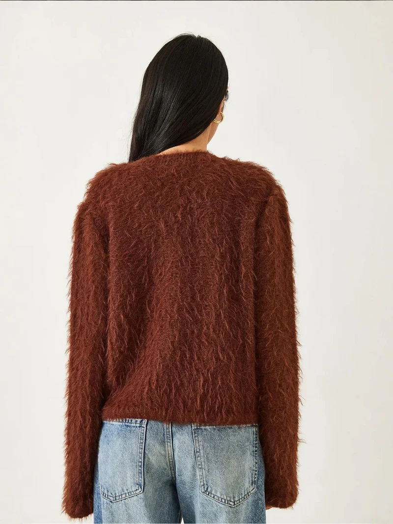 Bianco Lucci Coffee Brown LUCCI Frilly Cropped Ribbed Knit Cardigan with Tie Closure for Women | Best Price UAE