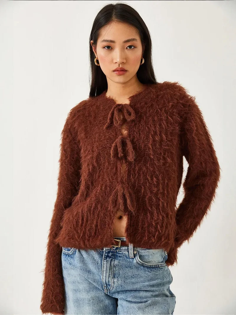 Bianco Lucci Coffee Brown LUCCI Frilly Cropped Ribbed Knit Cardigan with Tie Closure for Women | Best Price UAE