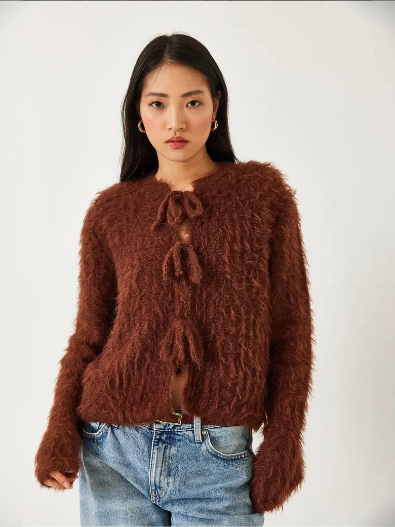 Bianco Lucci Coffee Brown LUCCI Frilly Cropped Ribbed Knit Cardigan with Tie Closure for Women | Best Price UAE