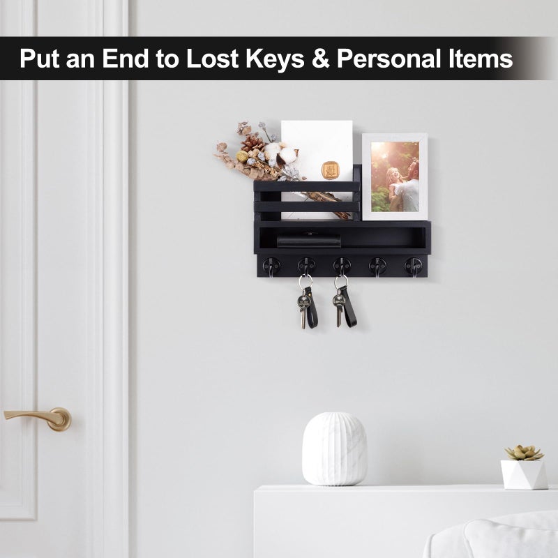 Lucundm Key and Mail Holder Wall Mount, Key Hanger with Long Storage Box and 5 Hooks for Coat, Dog Leash, Home Decor Rack, House Accessories, Entry Way Organizer 11.8â€W x 7.8â€H x 3.2â€D - Image 3