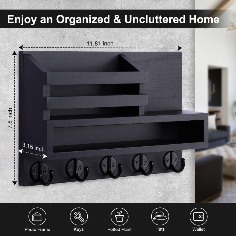 Lucundm Key and Mail Holder Wall Mount, Key Hanger with Long Storage Box and 5 Hooks for Coat, Dog Leash, Home Decor Rack, House Accessories, Entry Way Organizer 11.8â€W x 7.8â€H x 3.2â€D - Image 2