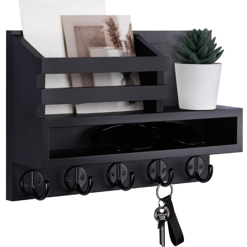 Lucundm Key and Mail Holder Wall Mount, Key Hanger with Long Storage Box and 5 Hooks for Coat, Dog Leash, Home Decor Rack, House Accessories, Entry Way Organizer 11.8â€W x 7.8â€H x 3.2â€D - Image 1