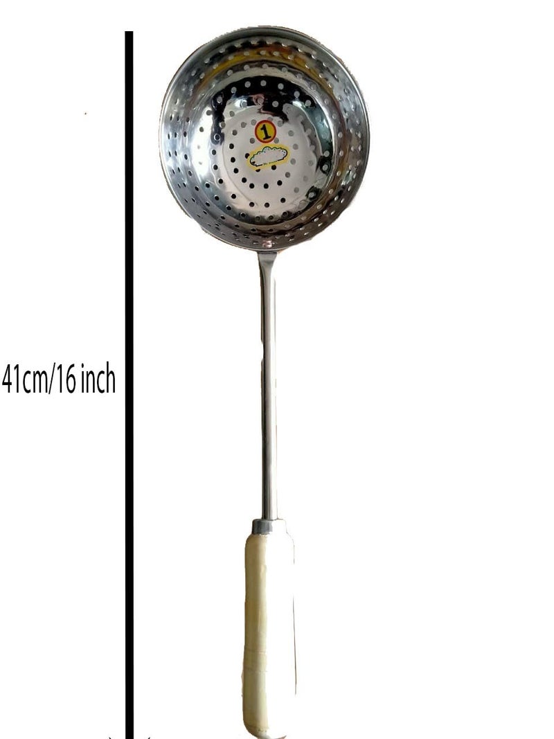 faas Stainless Steel Poha Skimmer Strainer with Wooden Handle (Silver Pack of 1) - Image 3