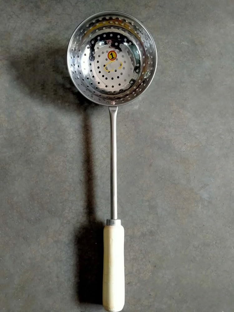 faas Stainless Steel Poha Skimmer Strainer with Wooden Handle (Silver Pack of 1) - Image 2