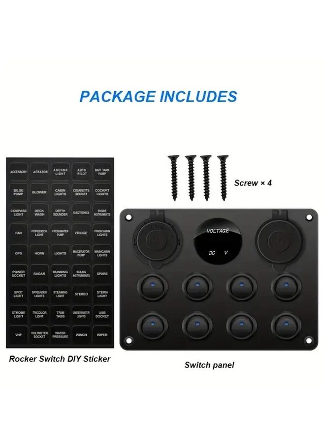1pc Aluminum Alloy 8 Gang Rocker Switch Panel Blue With Dual USB Charger Ports Digital Voltmeter Pre Wired 12V Outlets Circuit Breaker Protection For Car Audio Marine RV Hard Wiring Required - Image 4