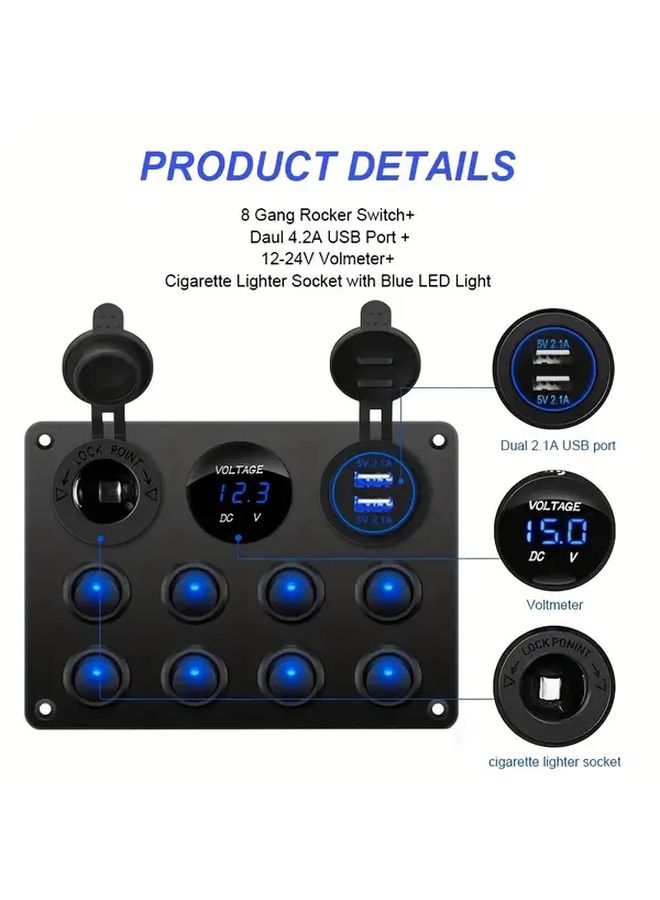 1pc Aluminum Alloy 8 Gang Rocker Switch Panel Blue With Dual USB Charger Ports Digital Voltmeter Pre Wired 12V Outlets Circuit Breaker Protection For Car Audio Marine RV Hard Wiring Required - Image 3