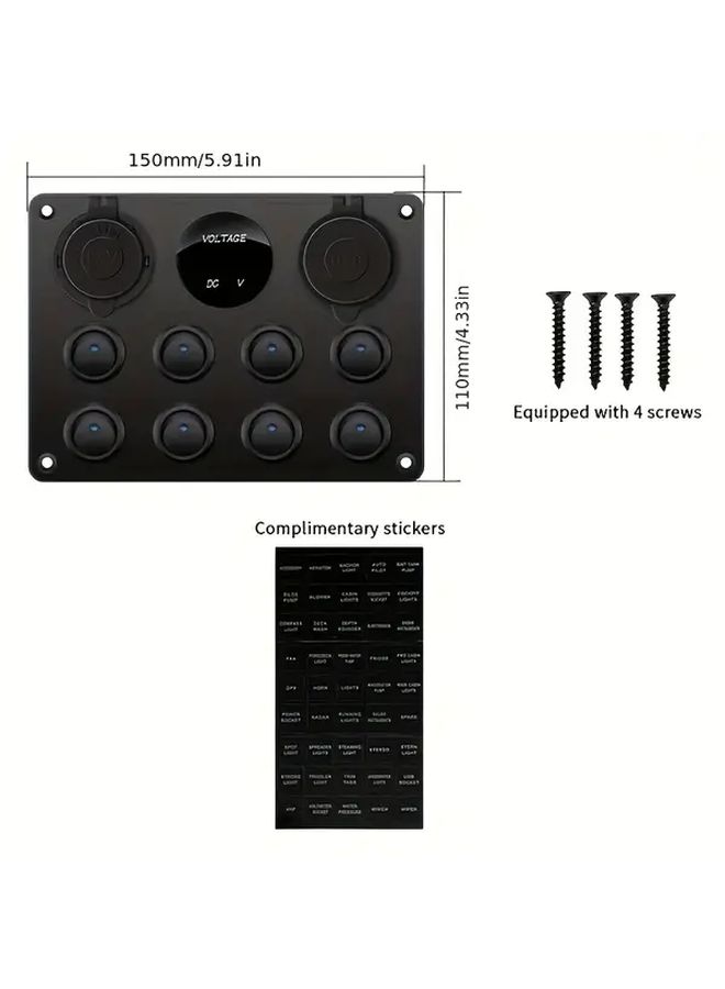 1pc Aluminum Alloy 8 Gang Rocker Switch Panel Blue With Dual USB Charger Ports Digital Voltmeter Pre Wired 12V Outlets Circuit Breaker Protection For Car Audio Marine RV Hard Wiring Required - Image 2