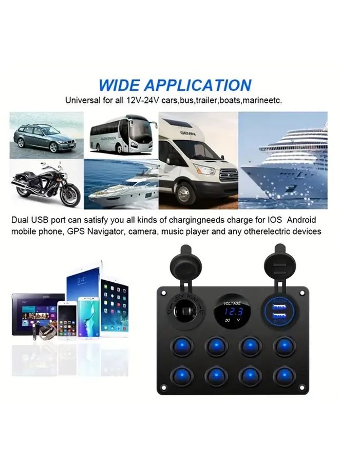1pc Aluminum Alloy 8 Gang Rocker Switch Panel Blue With Dual USB Charger Ports Digital Voltmeter Pre Wired 12V Outlets Circuit Breaker Protection For Car Audio Marine RV Hard Wiring Required - Image 5