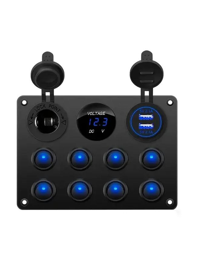 1pc Aluminum Alloy 8 Gang Rocker Switch Panel Blue With Dual USB Charger Ports Digital Voltmeter Pre Wired 12V Outlets Circuit Breaker Protection For Car Audio Marine RV Hard Wiring Required - Image 1