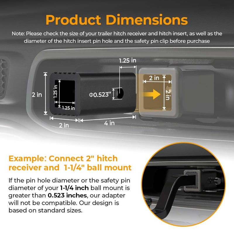 BougeRV 2 inches to 1-1/4 inches Trailer Hitch Adapter 2" to 1.25" Hitch Adapter Insert Sleeve Receiver Converter, Making Bike Rack and Cargo Carrier Fits Rear Trailer Hitch, Fits 1/2â€œ Hitch Lock Pin - Image 2