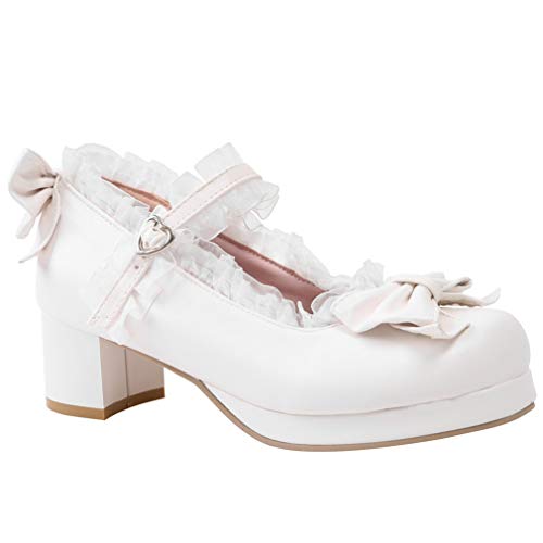 LUXMAX Women Kawaii Mid Block Heel Mary Jane Rockabilly Pumps with Bow Platform Chunky Heel Cute Sweet Shoes, Size 8 M US,White - Image 2