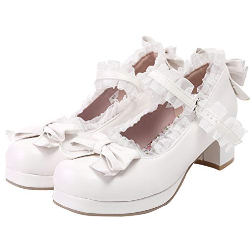 LUXMAX Women Kawaii Mid Block Heel Mary Jane Rockabilly Pumps with Bow Platform Chunky Heel Cute Sweet Shoes, Size 8 M US,White - Image 1