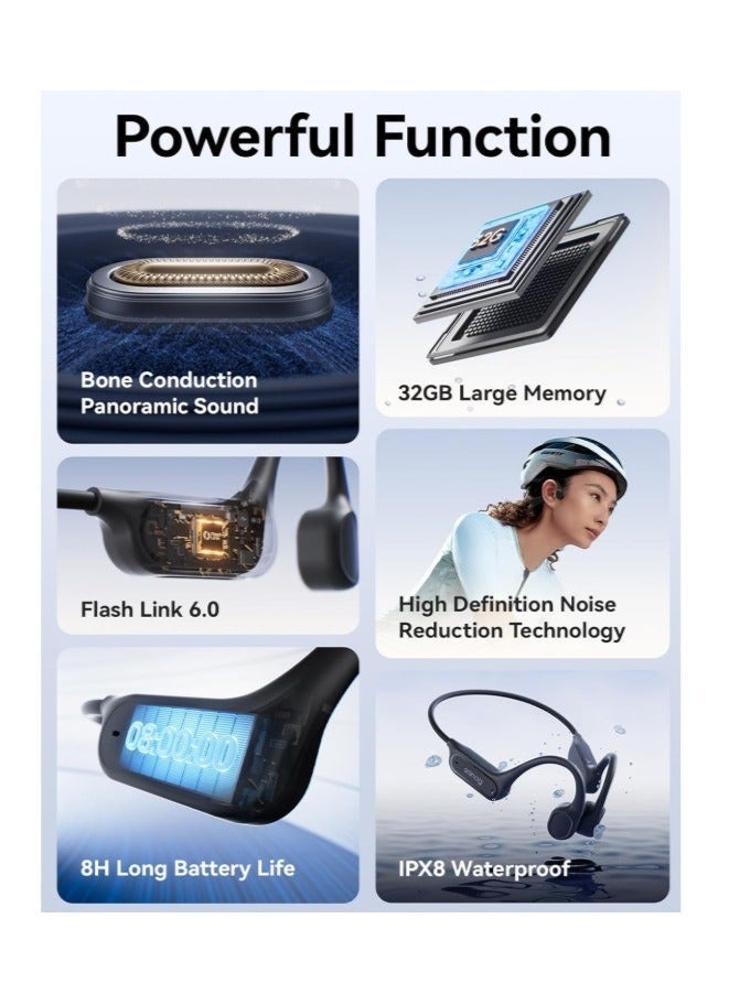 Sanag B33S Bone Conduction Headphone, IPX8 Swimming Waterproof Earphone, Wireless Bluetooth Open Ear Headset with Mic, 32GB MP3 Memory, Noise Reduction Call, 8H Playtime for Running Sports Swim, Blue - Image 5
