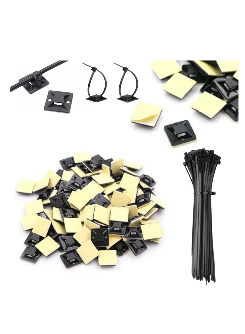 NOVOLAN Self-Adhesive Desktop Cable Clips, 100-Pack, 25x25mm Wire Organizer Clamps with 100 Zip Ties, Cord Management for Home & Office, Sticky Back Cord Holders for Ethernet USB Power Cables (black) - Image 1