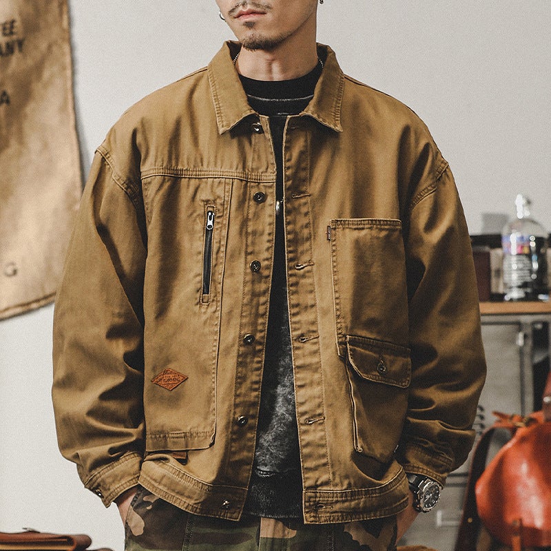 Jereno American style workwear retro heavy fishbone pattern jacket mens spring and autumn ameikaji tough guy hunting jacket Golden Brown